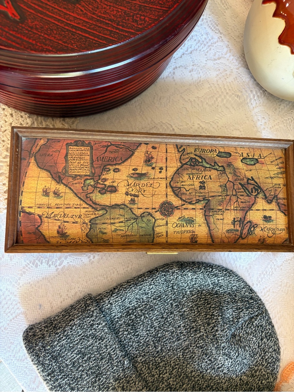 Vintage Map Wooden Trinket Box in Brown - Decorative Jewelry Storage